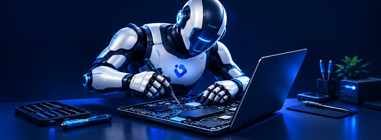 Técnico reparando la placa de una laptop